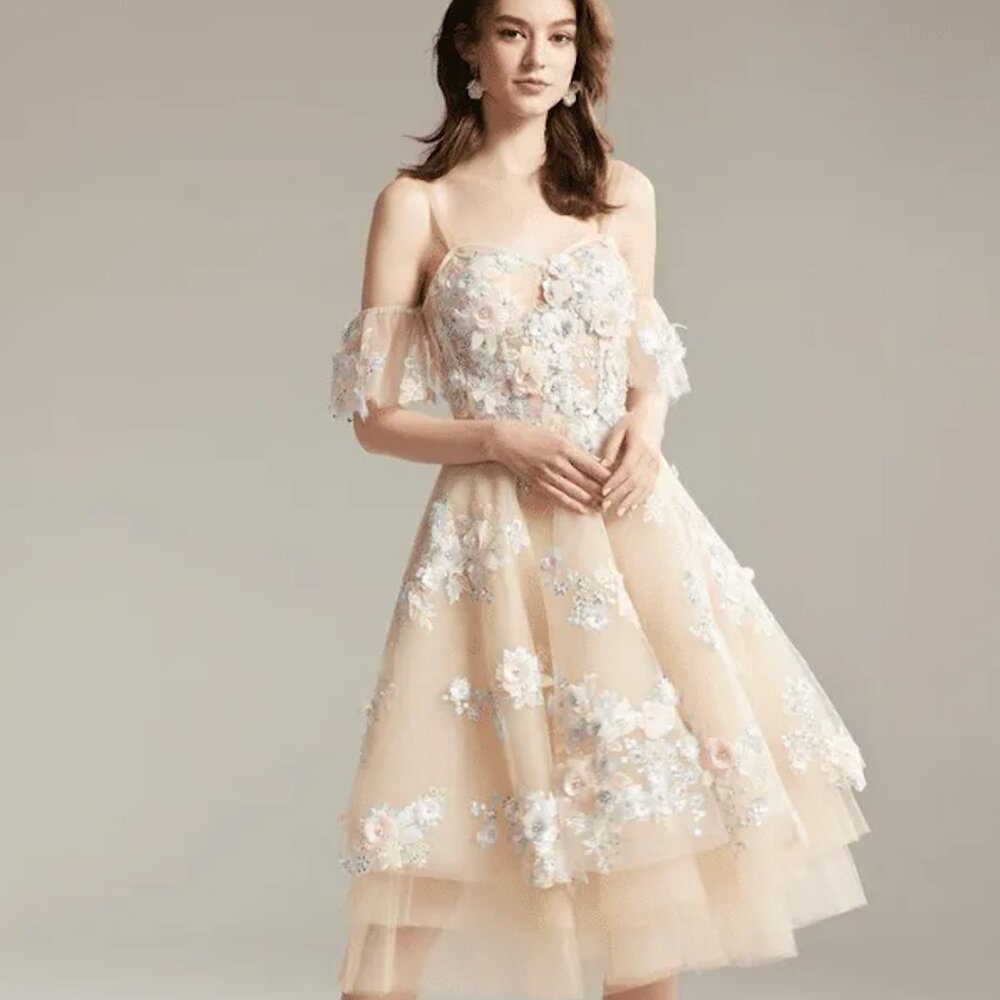 NWOT Romantic Floral Tulle Midi Dress | Off Shoulder Appliqué